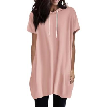 Imagem de 2024 Camisetas femininas de manga curta cor sólida com cordão básico verão casual blusas soltas túnicas com bolsos, rosa, GG
