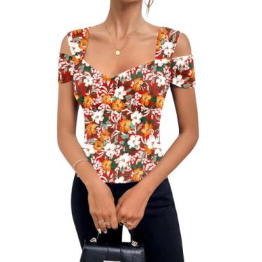 Imagem de Blingfit Camiseta feminina estilo túnica slim fit de verão com decote em V, manga curta, casual, para treino, Estampa de fundo vermelho, G