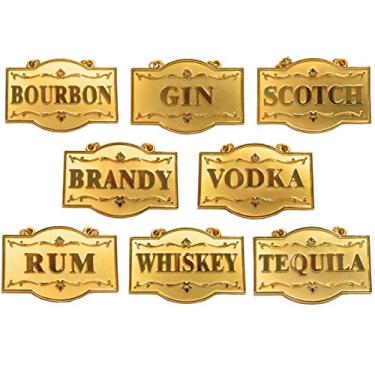 Imagem de Amlong Plus Conjunto de etiquetas de bebidas de luxo para garrafas ou decantadores, cor dourada, conjunto de 8 com corrente ajustável (Bourbon, conhaque, gin, rum, uísque, tequila, vodca e uísque)