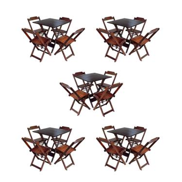 Imagem de Kit 5 Conjuntos de Mesa Dobravel com 4 Cadeiras de Madeira 70x70 para Restaurante e Bar - Imbuia