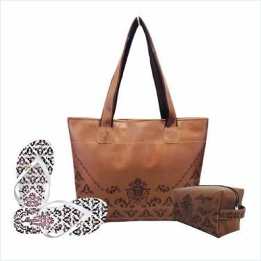 Imagem de Kit Feminino Casual Arabescos Com Bolsa Necessaire e Chinelo Marrom Ma