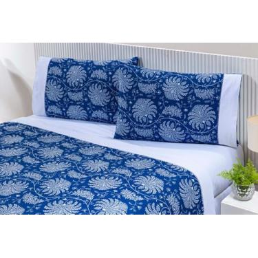 Imagem de Jg De Queem 198x158x33 4peça 180fio Estampa Patchowork Azul - THAIS EN