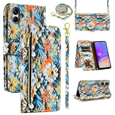 Imagem de Dswteny Capa carteira para Samsung Galaxy A05 com alça de pulso removível, 9+ compartimentos para cartões, bolsa com zíper, suporte de couro floral, suporte para cartão, capa para celular Ao5 A 05
