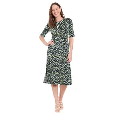 Imagem de London Times Elegante meia manga meia panturrilha vestido de trabalho para mulheres, Azul marinho/verde arara, 40