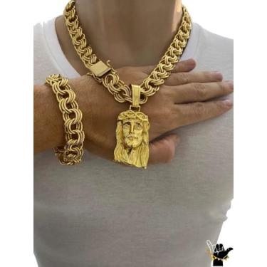 Imagem de Corrente Friso 18mm + Pulseira + Pingente - Banhado a Ouro - ToJoia18k