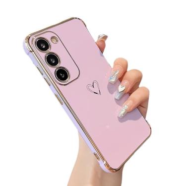 Imagem de ZTOFERA Capa para Samsung Galaxy S23 5G, linda estampa de corações de amor com borda banhada de luxo com proteção de lente de câmera, capa de telefone para Galaxy S23 de 6,1 polegadas, roxa