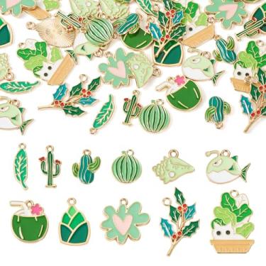 Imagem de Boutigem Amuletos de esmalte variados com tema verde primavera, 44 peças, folhas de cacto verde, brotos de bambu, melancia, coco, flor, vaso, gato, peixe, amuletos fofos de metal para artesanato faça