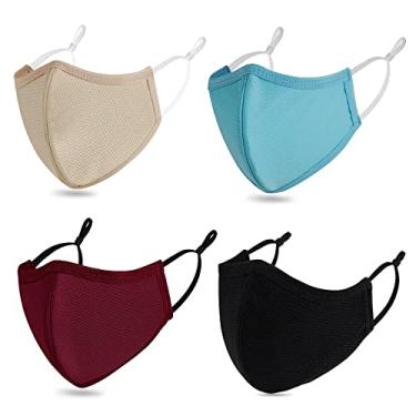 Imagem de Máscaras faciais extragrandes, máscara facial de tecido respirável de 3 camadas, alças ajustáveis para o rosto grande, máscara reutilizável lavável de algodão preto para homens adultos (GG-Azul-marinho/azul-celeste/bordô/cáqui para homens grandes (barba)