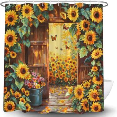 Imagem de JWJAMM Cortina de chuveiro rústica girassol borboleta vintage flores silvestres amarelas estilo oeste porta de celeiro flor primavera retrô aquarela floral planta natural cortinas de banho com gancho,