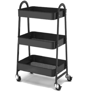 Imagem de Carrinho Organizador com 3 Prateleiras, Metal Preto, com Rodízios, para Cozinha e Banheiro