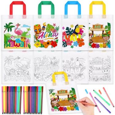 Imagem de HOWAF 12 peças Tiki Party Coloring Gift Bags, Hawaii Party Coloring Goodie Bag com canetas de tinta para crianças, sacos de doces de festa tropical, bolsa de lona reutilizável Flamingo Luau