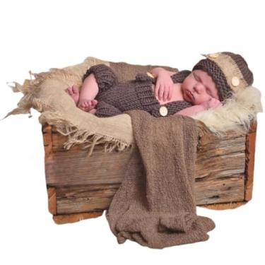 Imagem de Adereços de sessão de fotos para bebês recém-nascidos, meninas, meninos, crochê, fantasia, listras, chapéu, calça, macacão, adereços de fotografia, Marrom, 0-3 Meses