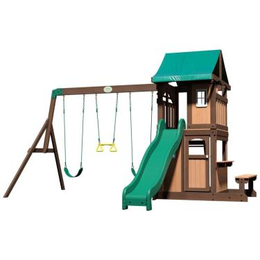 Imagem de Balanços Backyard Discovery Lakewood em Madeira Cedro, Deck Superior Coberto com Janela Branca, Escorregador com Trilhos, Forte Inferior e