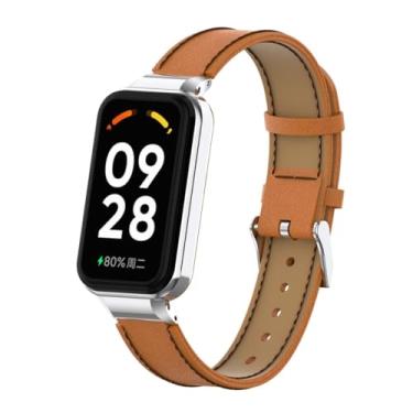 Imagem de T-BLUER Pulseira de substituição de couro compatível com Xiaomi Redmi Band 2, acessórios de substituição com moldura de metal para Xiaomi Smart Band 8 Active, marrom
