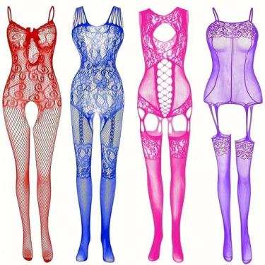 Imagem de Kit 4 Peças Lingerie Feminina com Body Transparente, Meia-calça ElaSho