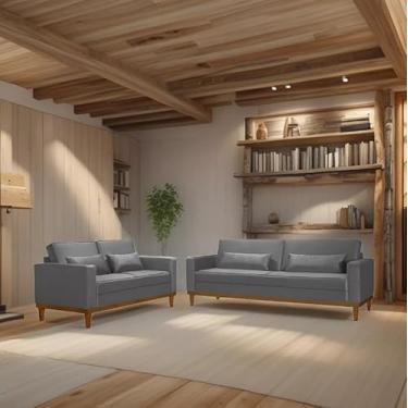 Imagem de Conjunto Sofá Living Valência 3/2 Lug. Base Madeira - Veludo Cinza