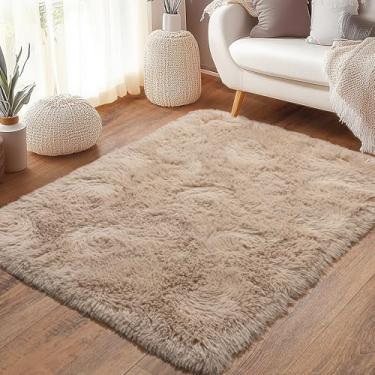 Imagem de OHDS Tapete macio bege para quarto, tapete pequeno de 0,9 x 1,5 m - Tapete felpudo ultramacio e antiderrapante, tapete durável confortável para sala de estar, quarto de crianças, dormitório de