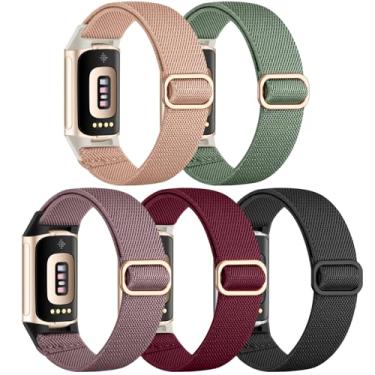 Imagem de Maledan Pulseira feminina Pretty Sport, compatível com Fitbit Charge 5/6, pulseira de substituição de nylon elástico para Charge 6/5 Fitness Tracker acessórios