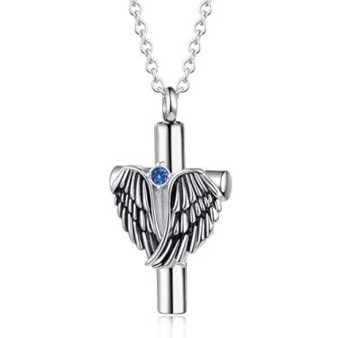 Imagem de LuxglitterLin Colar de urna com cruz de asa de anjo para cinzas, pedra do mês de nascimento de aço inoxidável, joia de cremação feminina e masculina, Sem Pedra Preciosa
