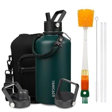 Imagem de YONICOER Garrafa de água isolada de 2,5 g, aço inoxidável a vácuo de parede tripla (lavável na lava-louças), à prova de vazamento e não BPA, jarro com alça de paracord e tampas de bico de palha, verde