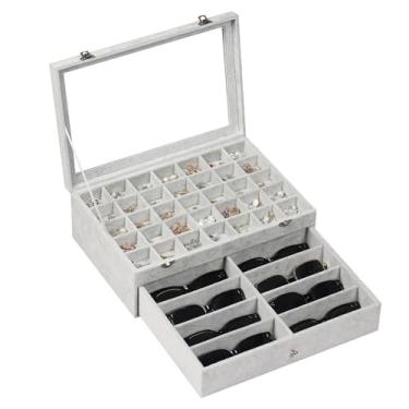 Imagem de AUTOARK Organizador de óculos de sol com 35 compartimentos e 8 compartimentos, estojo para óculos de sol para mulheres e homens, suporte de coleção com gaveta, parte superior de vidro grande, veludo