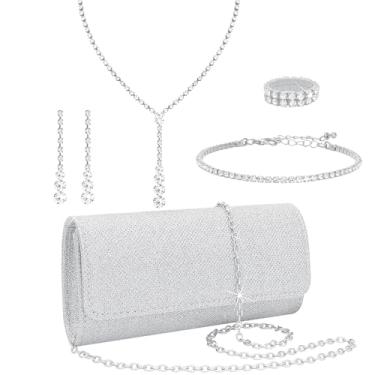 Imagem de NEWITIN Conjunto de 5 peças de joias de strass para mulheres, joias de formatura, bolsa de embreagem de cristal, colares, pulseiras, brincos, conjunto de joias de ouro para mulheres noivas, Adjustable