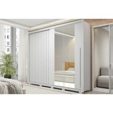 Imagem de Guarda Roupa Casal 2 Portas de Correr (1 Ripada e 1 c/ Espelho) e 4 Gavetas Romanus Double Lux Branco - Caemmun