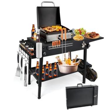 Imagem de ELITEWILL Suporte de chapa com rodas portátil para churrasqueira ao ar livre adequado para Blackstone Mesa de carrinho dobrável de 43 ou 55 cm, adequada para viagem/acampamento e refeições ao ar livre