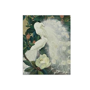 Imagem de Pintura famosa arte de parede - pavões brancos e magnólia - impressão de imagem de animal em tela - pintura de arte para decoração de parede de sala de estar - pôster de reproduções 60 x 80 cm 24 x 31