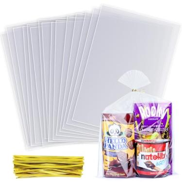 Imagem de MORIDA 100 unidades de sacos de celofane 22,5 x 30,5 cm, saco de guloseimas de celofane transparentes, sacos de doces, violoncelo para lembrancinhas de festa, biscoito de padaria com laços torcidos de