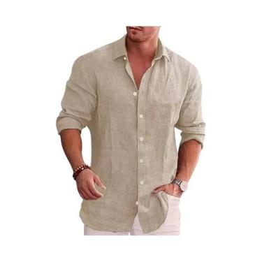 Imagem de Camisa Casual Masculina De Manga Comprida, Ajuste Solto, Cor Pura, Alg
