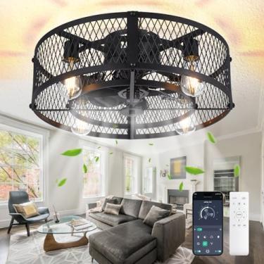 Imagem de Depuley Ventilador de teto enjaulado com luz: Ventiladores de teto de montagem embutida de 50 cm com controle remoto - Lustre preto de fazenda - Luminária de ventilador de teto industrial para quarto