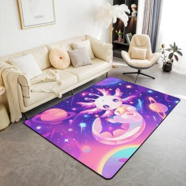 Imagem de Axolotl Tapete infantil para área interna, galáxia estrela, planeta, espaço, tapete de entrada para meninas, meninos, desenho animado, animal sonhador, antiderrapante, rosa, roxo, sofá, decoração de