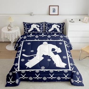 Imagem de Erosebridal Conjunto de edredom queen de hóquei no gelo, bola de esportes de inverno, para crianças, meninos, meninas, equipamentos, edredom com pau, floco de neve mágico, macio, quente, azul escuro