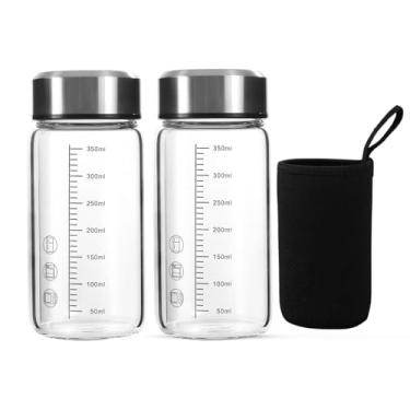 Imagem de Garrafa de água pequena de 350 ml com tampa e manga, coqueteleira de vidro de 3,8 mm de espessura para misturas de proteína, sucos, vitaminas, água infundida, bebidas, garrafa de leite reutilizável (2