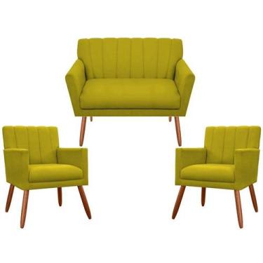 Imagem de Kit Namoradeira + 2 Poltronas Decorativa Cecília Suede Amarelo Pés Mad
