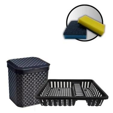 Imagem de Kit Escorredor De Louça Lixeira 5L Esponjas Amarela e Azul - Arqplast