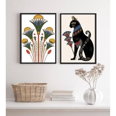 Imagem de Kit 2 Quadros Egípcios Gato Bastet E Flor De Lotus 45X34Cm