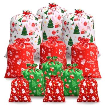 Imagem de Sacos de presente de Natal com cordão, sacos de embrulho de tecido reutilizável sortidos para presentes de festa de Natal (12 peças, 4 tamanhos)