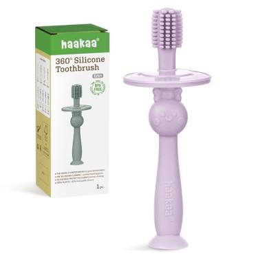 Imagem de haakaa Escova de dentes de bebê 360° com base de sucção - limpeza suave para treinamento de autoescovação infantil, silicone de grau alimentício sorft, alívio da dentição do bebê - lavanda, 1 unidade
