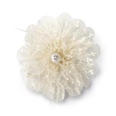 Imagem de Broche de pérola imitação de flor de organza delicada broche de tecido elegante broche de lapela floral para mulheres festa de casamento banquete vestido terno roupas acessórios moda joias 120 mm