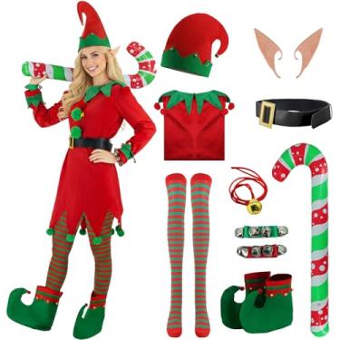 Imagem de Poybraxh Conjunto de 9 peças para fantasia de elfo de Natal, vestido de veludo, ajudante do Papai Noel, roupas cospaly, chapéu de elfo, orelhas, sapatos, meias, cinto, bengala, Vermelho, 3G