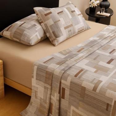 Imagem de Jogo de Lençol 4 Peças Percal 400 Fios Toque Macio Cama Casal Luxo Premium(Geométrico Avela,Super King)