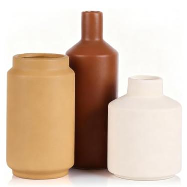Imagem de Conjunto de 3 vasos de cerâmica, vasos decorativos rústicos para casa de fazenda, vasos de cerâmica para buquê, grama pampa, flores frescas secas, mesa, sala de estar, cozinha (marrom, laranja e