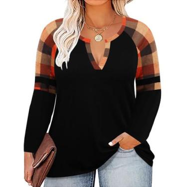 Imagem de Top CARCOS Plus Size Raglan com estampa laranja xadrez para mulheres