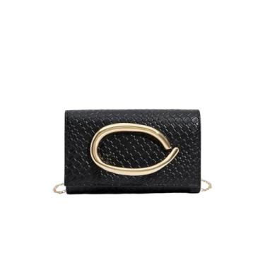 Imagem de QWINEE Bolsa clutch feminina de couro PU para festa de casamento com corrente de metal decoração moderna casual, Preto, one_size
