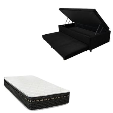 Imagem de Cama Box Baú Solteiro com Auxiliar (Bicama) + Colchão Eagle Molas Bonnel 22cm | Kit Completo com Cabeceira Botonê Opcional | Diversas Cores (2, SUEDE PRETO, SEM CABECEIRA)