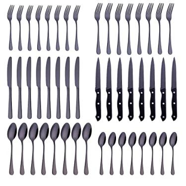 Imagem de Conjunto de talheres pretos de 48 peças com facas de bife, conjunto de talheres de aço inoxidável Kitiok para 8, inclui garfos, facas e colheres, pode ser lavado na lava-louças, presentes de Ação de Graças