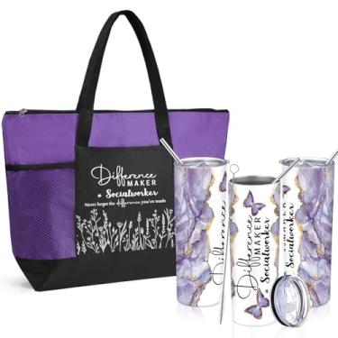 Imagem de Sieral Cesta de presente de agradecimento do mês de assistente social, copo de 590 ml com pincel de palha, sacola inspiradora para assistentes sociais escolares, presente de formatura, assistentes