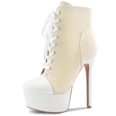 Imagem de Perisis Bota feminina preta plataforma tornozelo salto alto stiletto bota curta cadarço lona sapatos fechados bico redondo com zíper lateral para mulheres sexy primavera outono inverno, Lona bege, 44